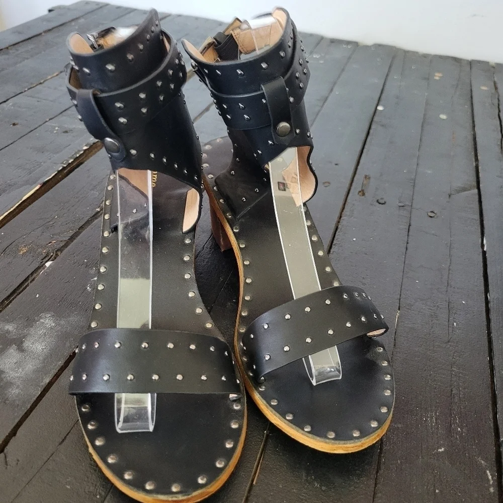 Bohme Women's 9 Black Boho Ankle Heeled Sandals Gladiator Studded Open Toe Shoes